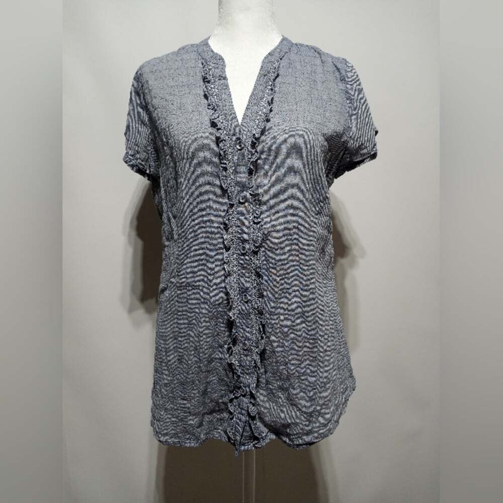 Eddie Bauer Woman's Cap Sleeve Button Down Cotton Ruffle Blouse Gray Size Medium